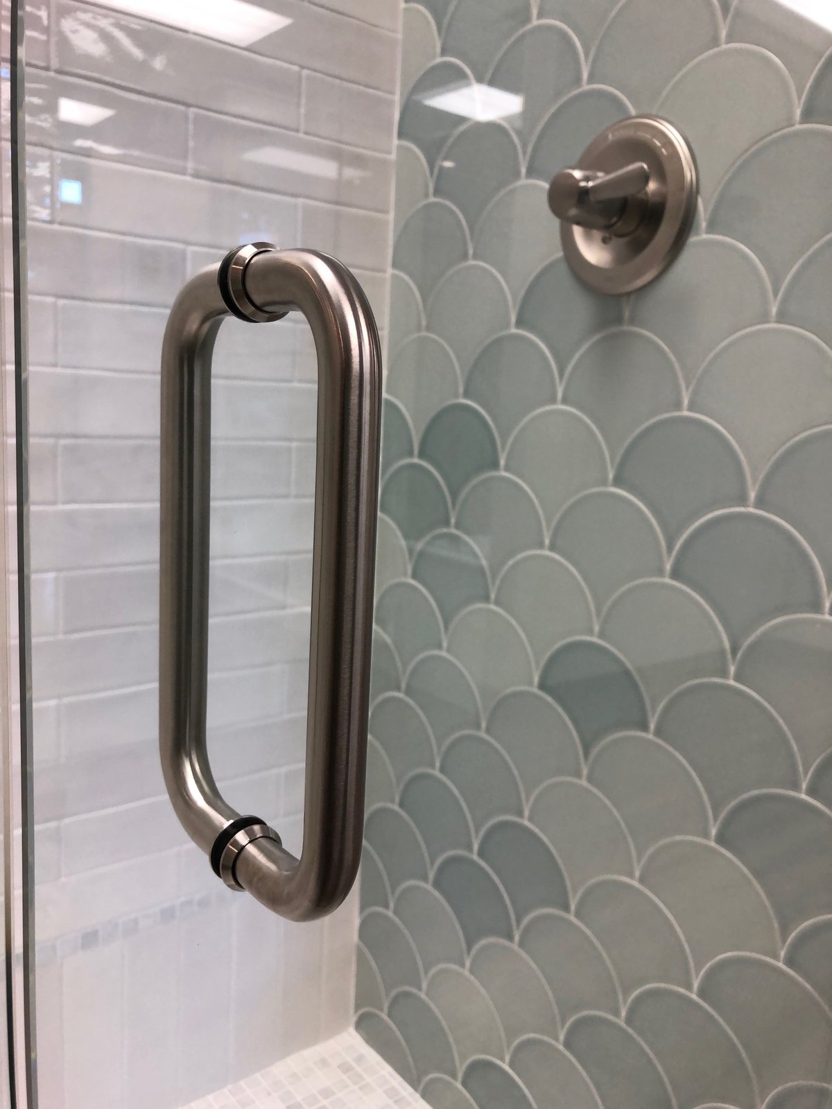C-Pull shower door hardware installed by Clinton Glass