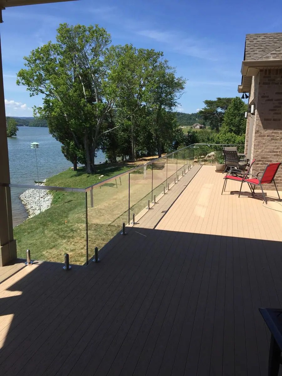 Frameless glass railing on a lakeside deck in East Tennessee